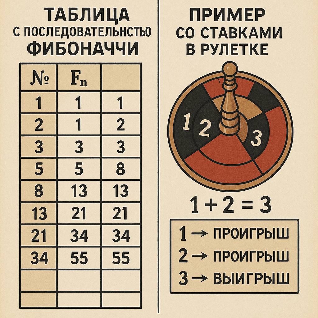 Таблица с последовательностью Фибоначчи и примером ставок